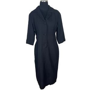 Vintage 1950s Ann Murray Black Slubbed Rayon Sheath Dress  Mid-Century Tailored
